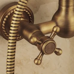 Vintage Shower System Faucet Combo Set Ceramic Mixer Valve, 8 inch Brass Rainfall Shower Head Showerhead with Handheld Spray, Antique Wall Mounted Tub and Shower Kit Bathroom Bath