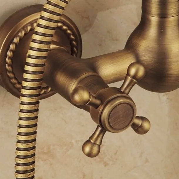 Vintage Shower System Faucet Combo Set Ceramic Mixer Valve, 8 inch Brass Rainfall Shower Head Showerhead with Handheld Spray, Antique Wall Mounted Tub and Shower Kit Bathroom Bath