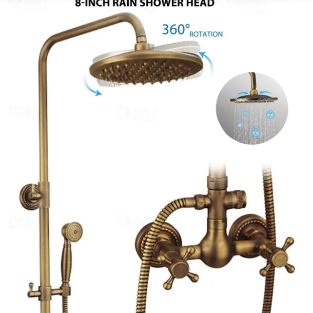 Vintage Shower System Faucet Combo Set Ceramic Mixer Valve, 8 inch Brass Rainfall Shower Head Showerhead with Handheld Spray, Antique Wall Mounted Tub and Shower Kit Bathroom Bath