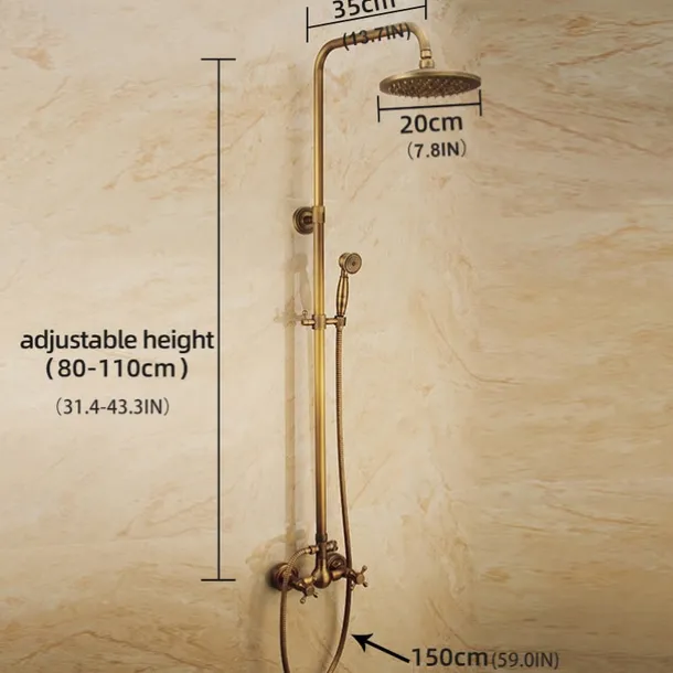 Vintage Shower System Faucet Combo Set Ceramic Mixer Valve, 8 inch Brass Rainfall Shower Head Showerhead with Handheld Spray, Antique Wall Mounted Tub and Shower Kit Bathroom Bath