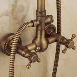 Vintage Shower System Faucet Combo Set Ceramic Mixer Valve, 8 inch Brass Rainfall Shower Head Showerhead with Handheld Spray, Antique Wall Mounted Tub and Shower Kit Bathroom Bath