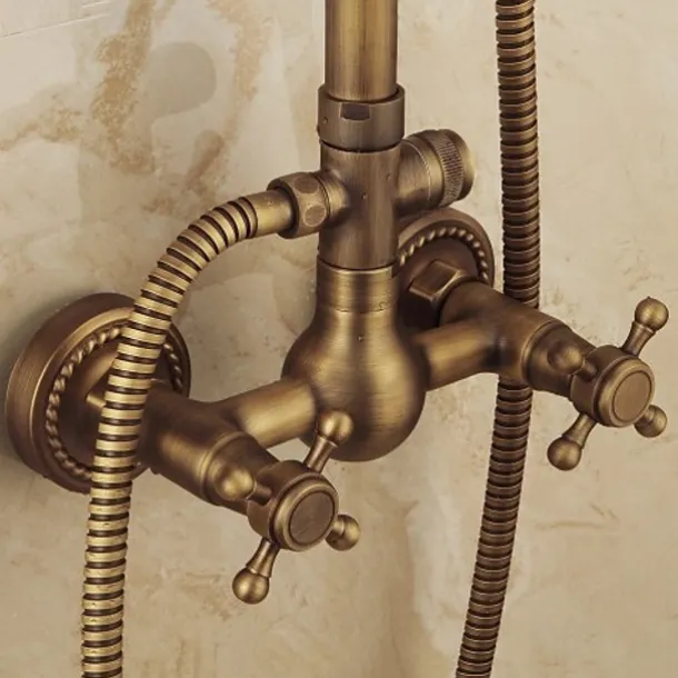 Vintage Shower System Faucet Combo Set Ceramic Mixer Valve, 8 inch Brass Rainfall Shower Head Showerhead with Handheld Spray, Antique Wall Mounted Tub and Shower Kit Bathroom Bath