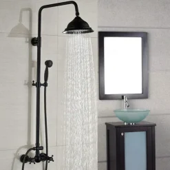 Vintage Shower System Faucet Combo Set Ceramic Mixer Valve, 8 inch Brass Rainfall Shower Head Showerhead with Handheld Spray, Antique Wall Mounted Tub and Shower Kit Bathroom Bath