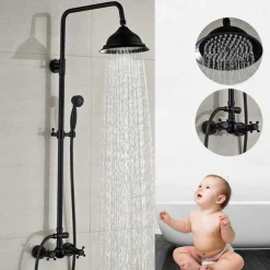 Vintage Shower System Faucet Combo Set Ceramic Mixer Valve, 8 inch Brass Rainfall Shower Head Showerhead with Handheld Spray, Antique Wall Mounted Tub and Shower Kit Bathroom Bath