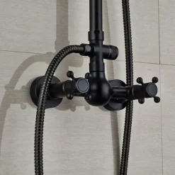 Vintage Shower System Faucet Combo Set Ceramic Mixer Valve, 8 inch Brass Rainfall Shower Head Showerhead with Handheld Spray, Antique Wall Mounted Tub and Shower Kit Bathroom Bath