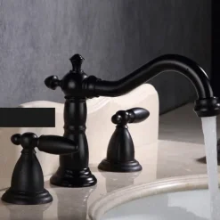 Vintage Widespread Bathroom Sink Mixer Faucet, 360 Swivel Retro Style Brass 3 Hole 2 Handle Basin Tap Deck Mounted, Washroom Basin Vessel Water Tap with Hot and Cold Hose