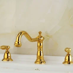 Vintage Widespread Bathroom Sink Mixer Faucet, 360 Swivel Retro Style Brass 3 Hole 2 Handle Basin Tap Deck Mounted, Washroom Basin Vessel Water Tap with Hot and Cold Hose