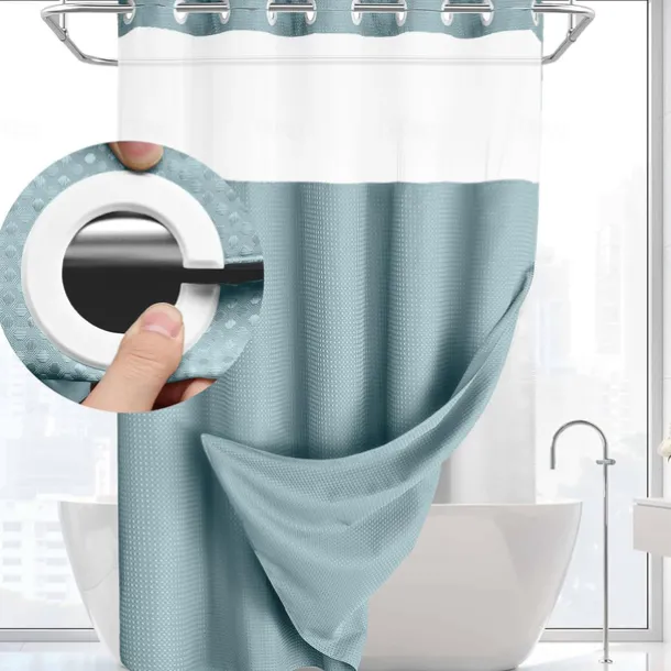 Waffle Weave Shower Curtain 180cm*180cm(70"*70") with Snap-in Fabric Liner Set, Solid Colored Hotel Style for Bathroom with Mesh Top Window