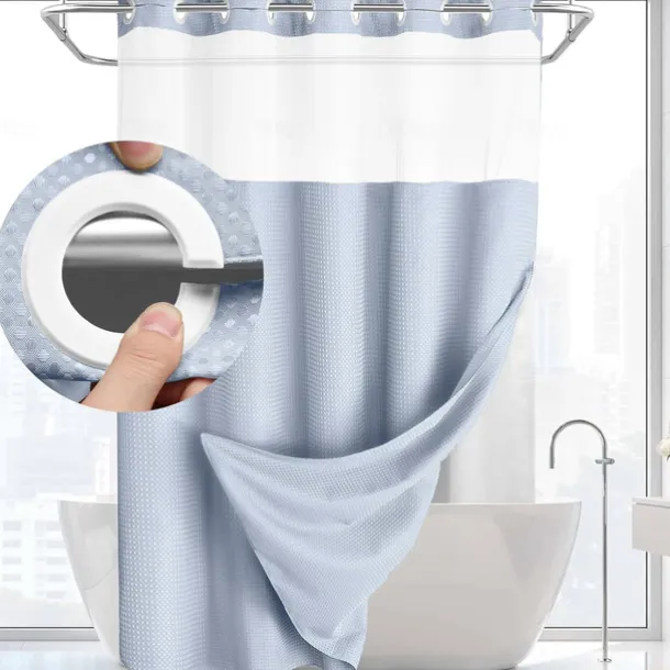 Waffle Weave Shower Curtain 180cm*180cm(70"*70") with Snap-in Fabric Liner Set, Solid Colored Hotel Style for Bathroom with Mesh Top Window