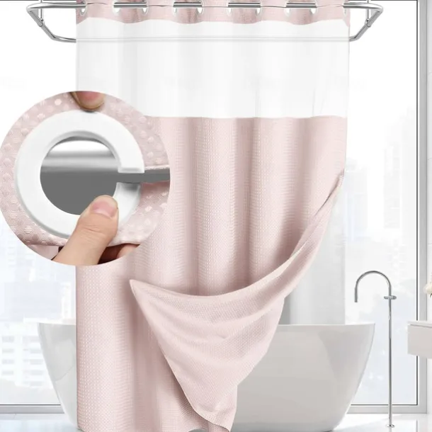 Waffle Weave Shower Curtain 180cm*180cm(70"*70") with Snap-in Fabric Liner Set, Solid Colored Hotel Style for Bathroom with Mesh Top Window