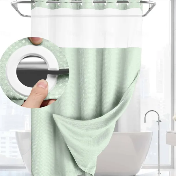 Waffle Weave Shower Curtain 180cm*180cm(70"*70") with Snap-in Fabric Liner Set, Solid Colored Hotel Style for Bathroom with Mesh Top Window