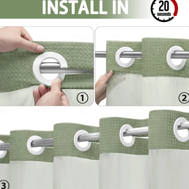 Waffle Weave Shower Curtain 180cm*180cm(70"*70") with Snap-in Fabric Liner Set, Solid Colored Hotel Style for Bathroom with Mesh Top Window