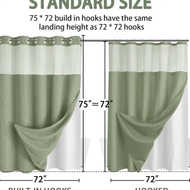 Waffle Weave Shower Curtain 180cm*180cm(70"*70") with Snap-in Fabric Liner Set, Solid Colored Hotel Style for Bathroom with Mesh Top Window