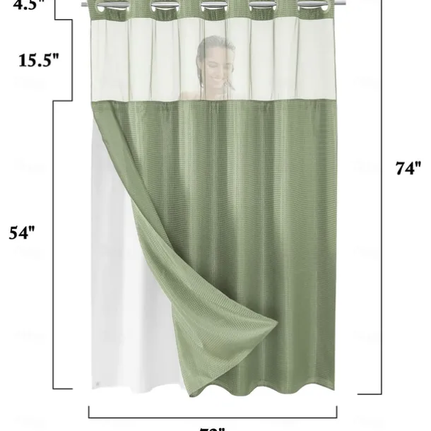 Waffle Weave Shower Curtain 180cm*180cm(70"*70") with Snap-in Fabric Liner Set, Solid Colored Hotel Style for Bathroom with Mesh Top Window