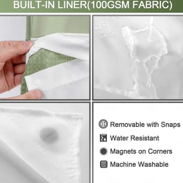 Waffle Weave Shower Curtain 180cm*180cm(70"*70") with Snap-in Fabric Liner Set, Solid Colored Hotel Style for Bathroom with Mesh Top Window