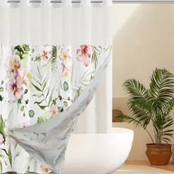 Waffle-Weave Floral Shower Curtain Set with Snap-in Liner and Sheer Window, Water-Repellent Polyester, No-Hook Grommet Top, 120GSM Hotel Spa Bathroom Partition, Double-Layer Design