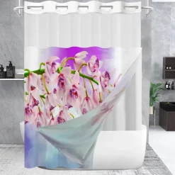 Waffle-Weave Floral Shower Curtain Set with Snap-in Liner and Sheer Window, Water-Repellent Polyester, No-Hook Grommet Top, 120GSM Hotel Spa Bathroom Partition, Double-Layer Design