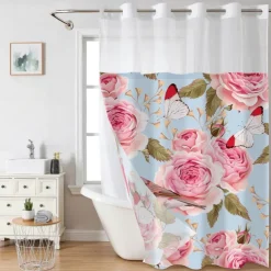 Waffle-Weave Floral Shower Curtain Set with Snap-in Liner and Sheer Window, Water-Repellent Polyester, No-Hook Grommet Top, 120GSM Hotel Spa Bathroom Partition, Double-Layer Design