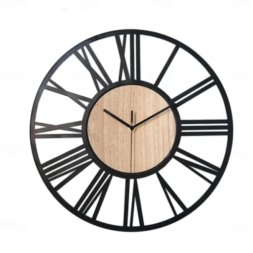 Wall Clock Art Simple Clock Outdoor Clock 16inch Iron Art Wooden Roman Numerals Large Outdoor Clock Retro Open Face Silent Quartz Battery Operated Decor Clock
