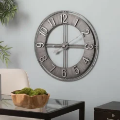 Wall Clock Becka Gray Silver 60CM Wall Clock Modern Silent Clockwork Industrial Wall Clock Round Wall Clock Metal Industrial Iron Vintage French Provincial Antique