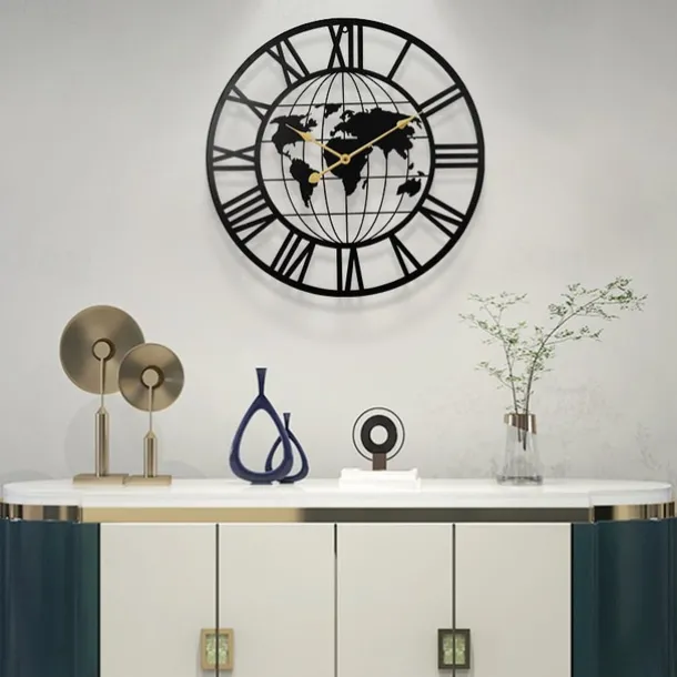 Wall Clock Iron Round Office Clock Creative Map Personality Mute Hanging Watch Nordic Living Room Clock Home Decor 60 cm