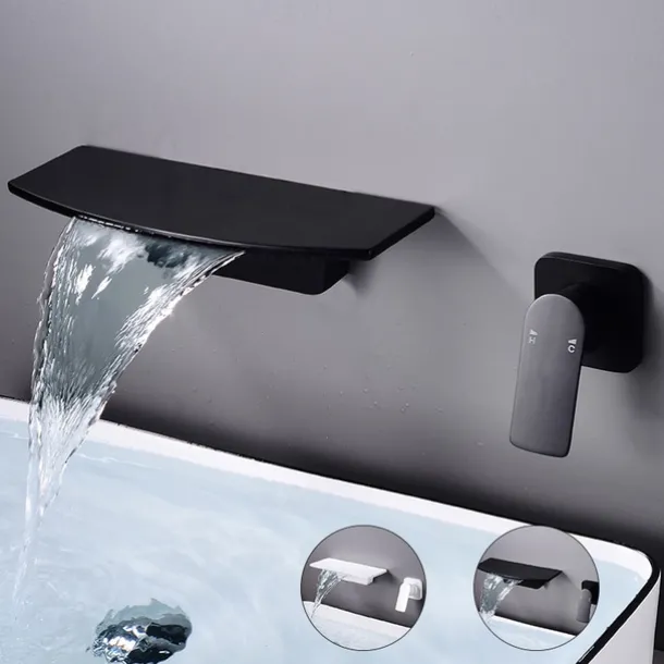 Wall Mount Bathroom Sink Mixer Faucet Brass, Waterfall Basin Taps Wall Mounted Single Handle One Hole Tap with Hot and Cold Hose Black White Electroplated