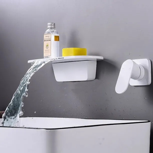 Wall Mount Bathroom Sink Mixer Faucet Brass, Waterfall Basin Taps Wall Mounted Single Handle One Hole Tap with Hot and Cold Hose Black White Electroplated