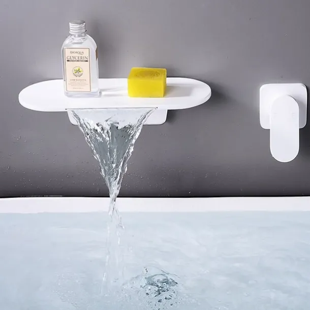 Wall Mount Bathroom Sink Mixer Faucet Brass, Waterfall Basin Taps Wall Mounted Single Handle One Hole Tap with Hot and Cold Hose Black White Electroplated