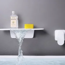 Wall Mount Bathroom Sink Mixer Faucet Brass, Waterfall Basin Taps Wall Mounted Single Handle One Hole Tap with Hot and Cold Hose Black White Electroplated