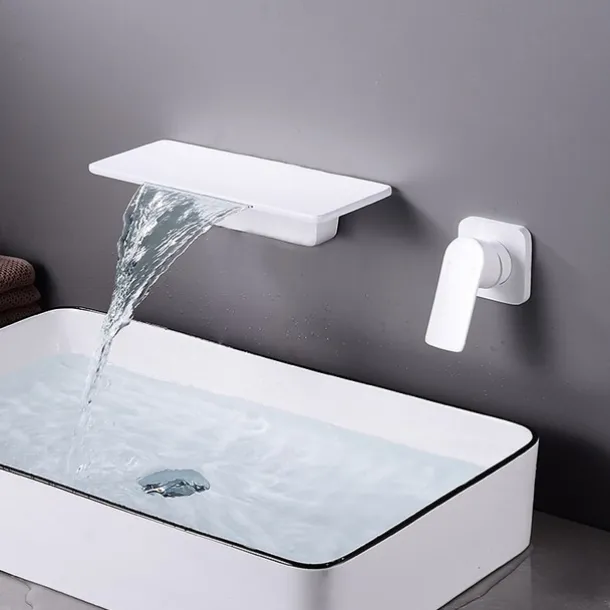 Wall Mount Bathroom Sink Mixer Faucet Brass, Waterfall Basin Taps Wall Mounted Single Handle One Hole Tap with Hot and Cold Hose Black White Electroplated