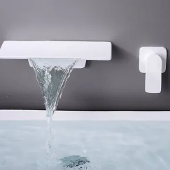 Wall Mount Bathroom Sink Mixer Faucet Brass, Waterfall Basin Taps Wall Mounted Single Handle One Hole Tap with Hot and Cold Hose Black White Electroplated