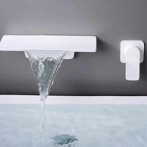 Wall Mount Bathroom Sink Mixer Faucet Brass, Waterfall Basin Taps Wall Mounted Single Handle One Hole Tap with Hot and Cold Hose Black White Electroplated