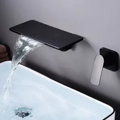 Wall Mount Bathroom Sink Mixer Faucet Brass, Waterfall Basin Taps Wall Mounted Single Handle One Hole Tap with Hot and Cold Hose Black White Electroplated