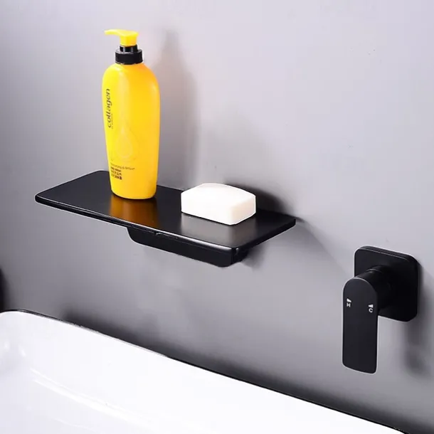 Wall Mount Bathroom Sink Mixer Faucet Brass, Waterfall Basin Taps Wall Mounted Single Handle One Hole Tap with Hot and Cold Hose Black White Electroplated