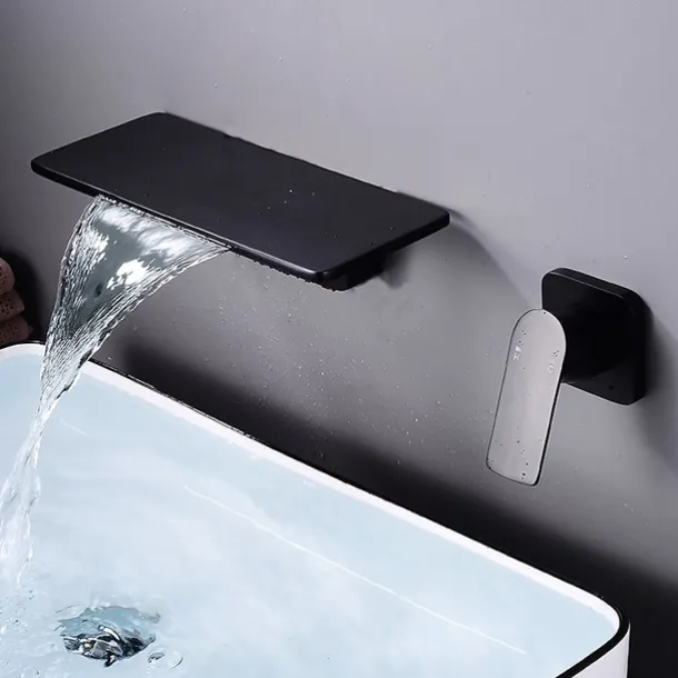Wall Mount Bathroom Sink Mixer Faucet Brass, Waterfall Basin Taps Wall Mounted Single Handle One Hole Tap with Hot and Cold Hose Black White Electroplated