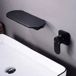Wall Mount Bathroom Sink Mixer Faucet Brass, Waterfall Basin Taps Wall Mounted Single Handle One Hole Tap with Hot and Cold Hose Black White Electroplated