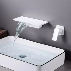 Wall Mount Bathroom Sink Mixer Faucet Brass, Waterfall Basin Taps Wall Mounted Single Handle One Hole Tap with Hot and Cold Hose Black White Electroplated