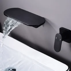 Wall Mount Bathroom Sink Mixer Faucet Brass, Waterfall Basin Taps Wall Mounted Single Handle One Hole Tap with Hot and Cold Hose Black White Electroplated