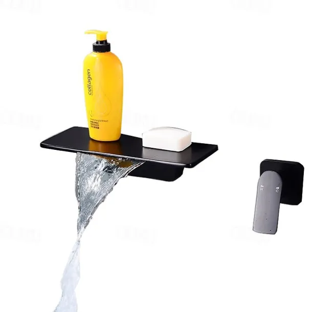 Wall Mount Bathroom Sink Mixer Faucet Brass, Waterfall Basin Taps Wall Mounted Single Handle One Hole Tap with Hot and Cold Hose Black White Electroplated