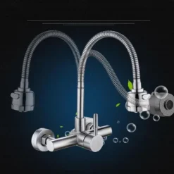 Wall Mount Kitchen Sink Mixer Faucet with Sprayer Kitchen Faucet Stainless Steel Pot Filler Taps, 360 Swivel Polished Black/Chrome Single Handle Mixer Vessel Tap