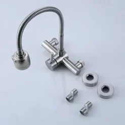 Wall Mount Kitchen Sink Mixer Faucet with Sprayer Kitchen Faucet Stainless Steel Pot Filler Taps, 360 Swivel Polished Black/Chrome Single Handle Mixer Vessel Tap