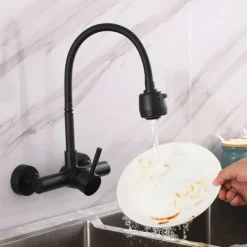 Wall Mount Kitchen Sink Mixer Faucet with Sprayer Kitchen Faucet Stainless Steel Pot Filler Taps, 360 Swivel Polished Black/Chrome Single Handle Mixer Vessel Tap