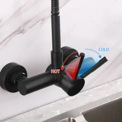 Wall Mount Kitchen Sink Mixer Faucet with Sprayer Kitchen Faucet Stainless Steel Pot Filler Taps, 360 Swivel Polished Black/Chrome Single Handle Mixer Vessel Tap