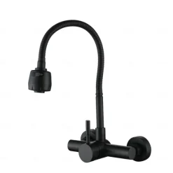 Wall Mount Kitchen Sink Mixer Faucet with Sprayer Kitchen Faucet Stainless Steel Pot Filler Taps, 360 Swivel Polished Black/Chrome Single Handle Mixer Vessel Tap