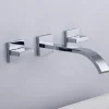 Wall Mounted Bathroom Sink Mixer Faucet Waterfall, Widespread Basin Taps Vintage Brass 2 Handles 3 Holes Washroom Wash Baxin Tap with Cold Hot Water Hose
