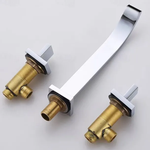 Wall Mounted Bathroom Sink Mixer Faucet Waterfall, Widespread Basin Taps Vintage Brass 2 Handles 3 Holes Washroom Wash Baxin Tap with Cold Hot Water Hose