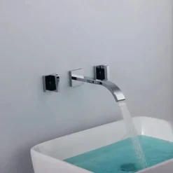 Wall Mounted Bathroom Sink Mixer Faucet Waterfall, Widespread Basin Taps Vintage Brass 2 Handles 3 Holes Washroom Wash Baxin Tap with Cold Hot Water Hose