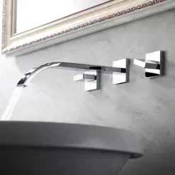 Wall Mounted Bathroom Sink Mixer Faucet Waterfall, Widespread Basin Taps Vintage Brass 2 Handles 3 Holes Washroom Wash Baxin Tap with Cold Hot Water Hose