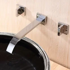 Wall Mounted Bathroom Sink Mixer Faucet Waterfall, Widespread Basin Taps Vintage Brass 2 Handles 3 Holes Washroom Wash Baxin Tap with Cold Hot Water Hose