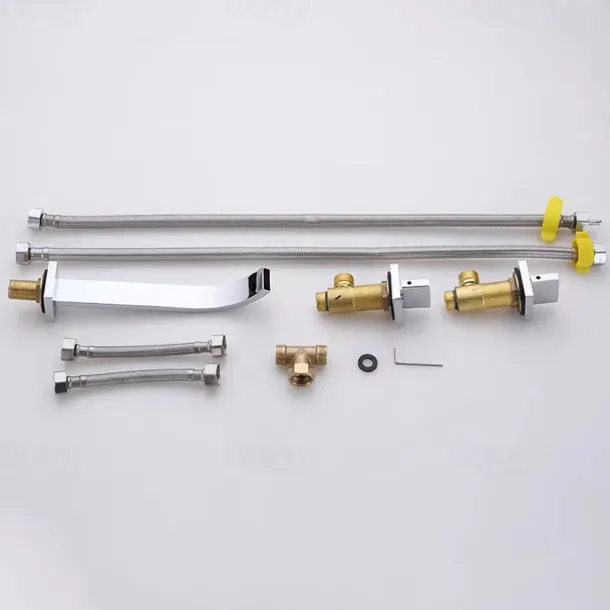 Wall Mounted Bathroom Sink Mixer Faucet Waterfall, Widespread Basin Taps Vintage Brass 2 Handles 3 Holes Washroom Wash Baxin Tap with Cold Hot Water Hose